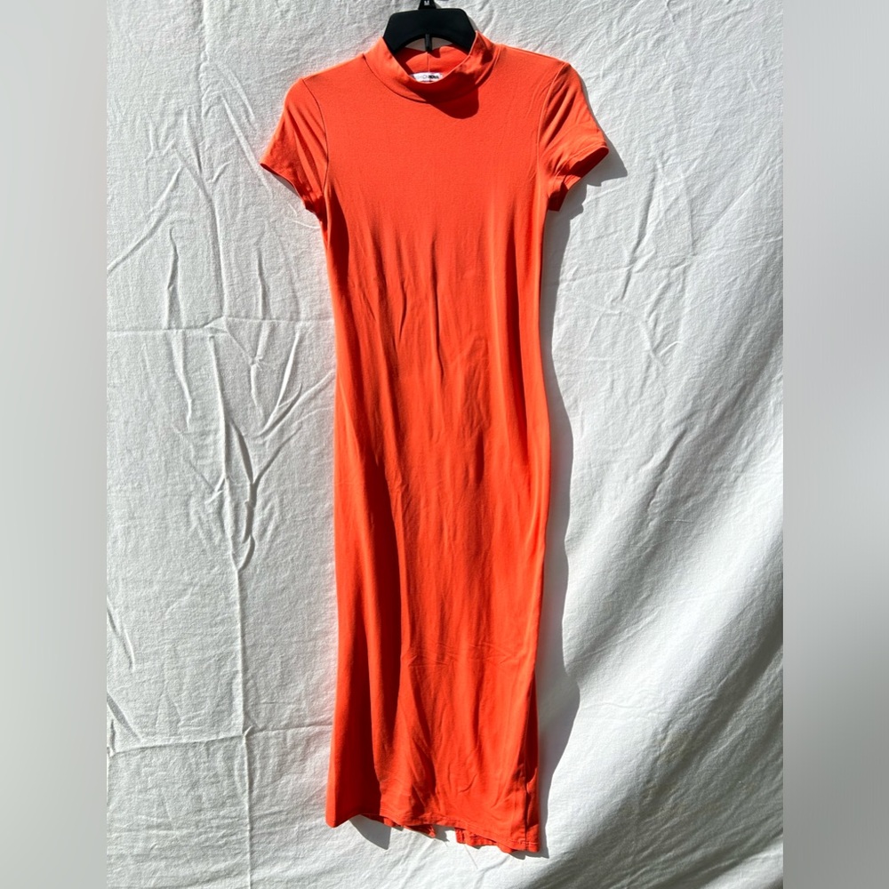 FASHION NOVA bright orange body con mockneck short sleeve long midi length dress